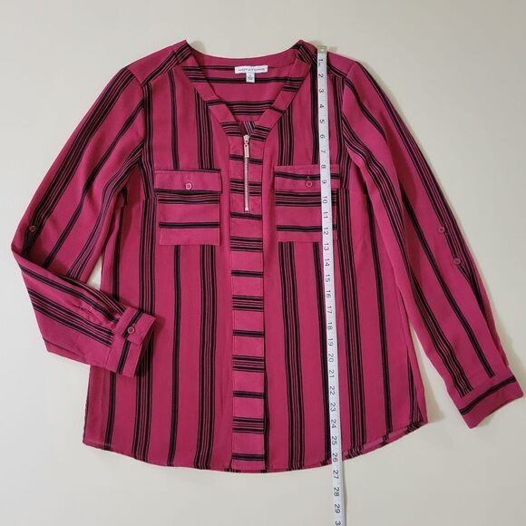 Notations Women's Red with Black Stripe Zip Front Long Sleeve Blouse - Picture 5 of 13